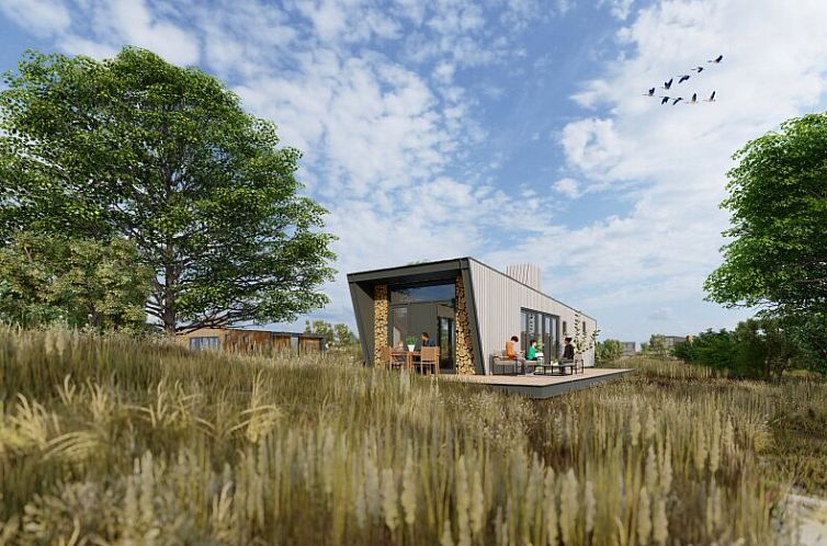 Chalet in Hindeloopen met moderne veranda en uitzicht op de natuur van Friesland.