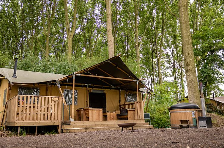 Vacation cottage in Altforst, Gelderland, with wooden porch surrounded by wooded countryside.