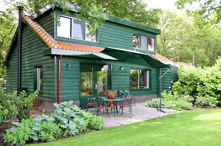 Huisje in Gorssel, vakantiehuis met groene gevel en terras in de natuur van de Achterhoek, Gelderland.