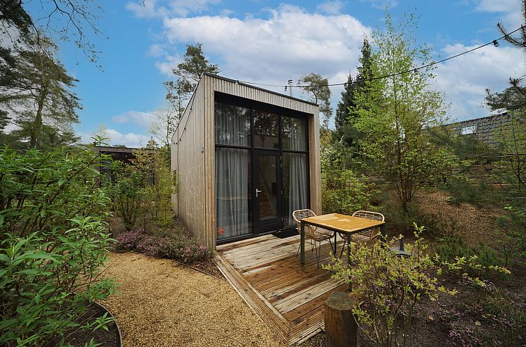 Chalet in Beekbergen with wooden terrace and green surroundings in Veluwe, Gelderland.
