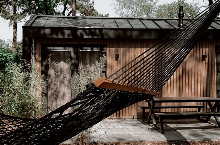 Entspannen Sie sich in einer Haengematte im Ferienhaus in Nunspeet, das in der Veluwe-Natur in Gelderland liegt und ueber eine charmante Holzterrasse verfuegt.