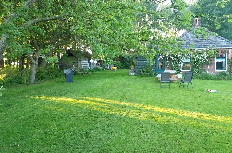 Groene tuin bij Vakantiehuisje in Uithuizen, Noordoost Groningen met terras en bomen.