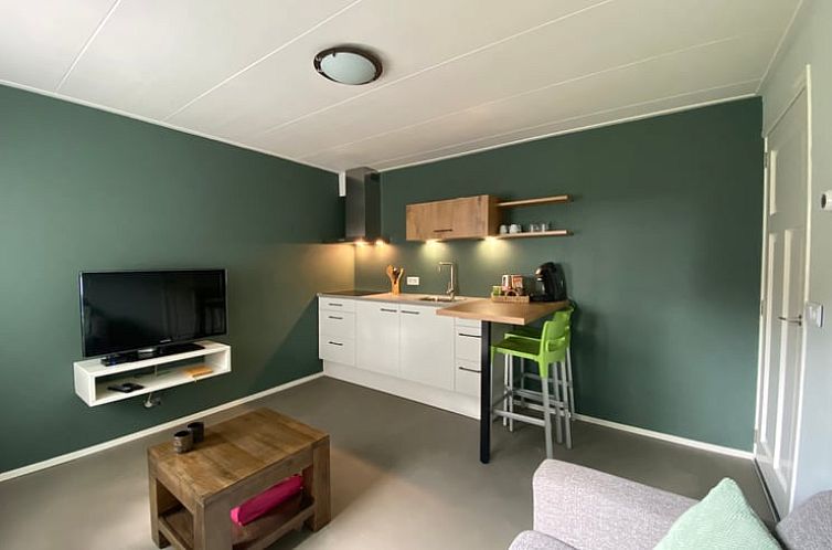 Gezellige woonkamer in Vakantiehuis in Onstwedde, Zuidoost Groningen, met moderne keuken en comfortabele zithoek.