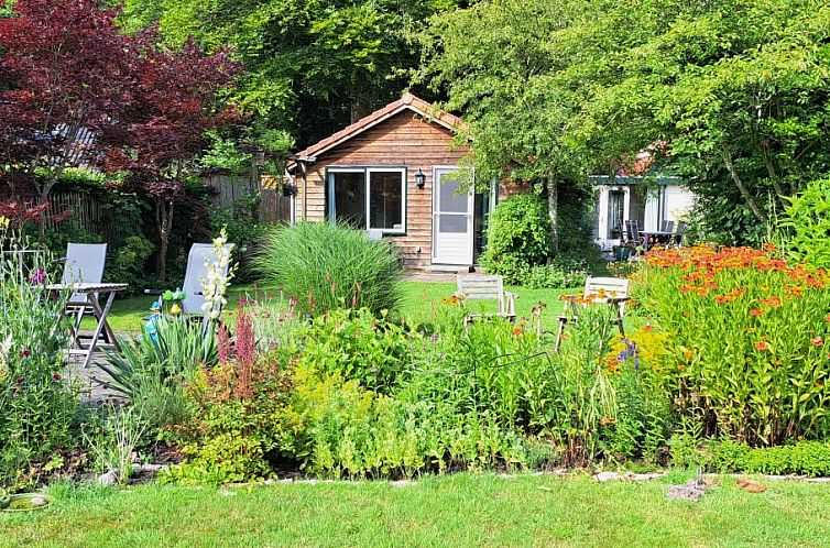 Prachtige tuin bij bed & breakfast DE DOBBE in Glimmen, Groningen met kleurrijke bloemen en zitplekken.