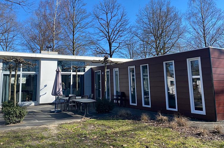 Geniessen Sie das moderne Ferienhaus L-Pavilion Sauna 8 in Susteren, Limburg, mit grosser Terrasse und umgeben von Natur.