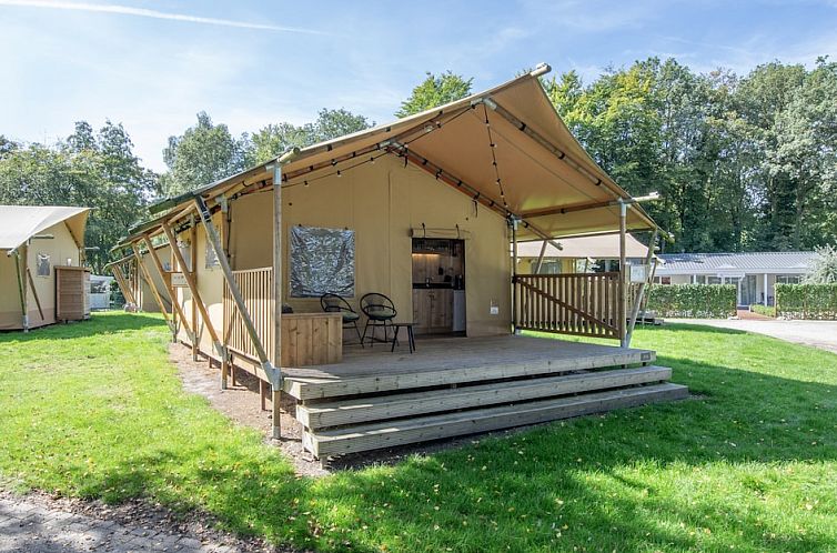Safari tent 4 in Arcen, North Limburg offers a spacious veranda for relaxing in nature, ideal for glamping adventures.
