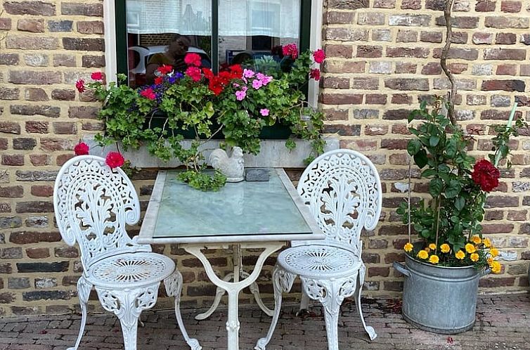Gezellig terras met bloemen bij Vakantiehuis in Wijlre, Zuid Limburg.