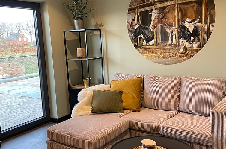 Gezellige woonkamer in Vakantiehuisje in Liessel, De Peel, Noord Brabant met comfortabele bank en uitzicht op de tuin.