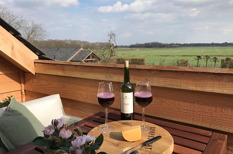 Geniessen Sie die Aussicht von der Terrasse des Ferienhauses in Baarle-Nassau, das in der schoenen Landschaft der Kempen in Nordbrabant liegt.