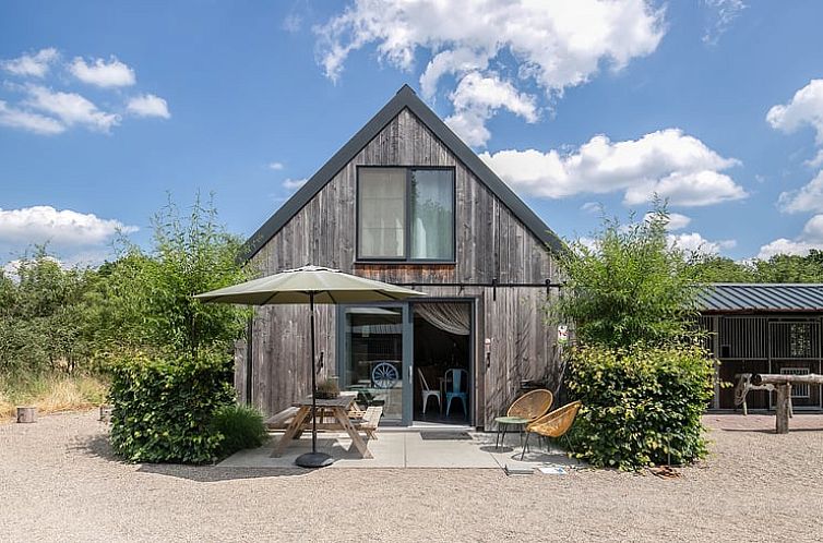 Huisje in Eersel, een charmant vakantiehuis in de Kempen, Noord Brabant, met een uitnodigend terras omgeven door groen.