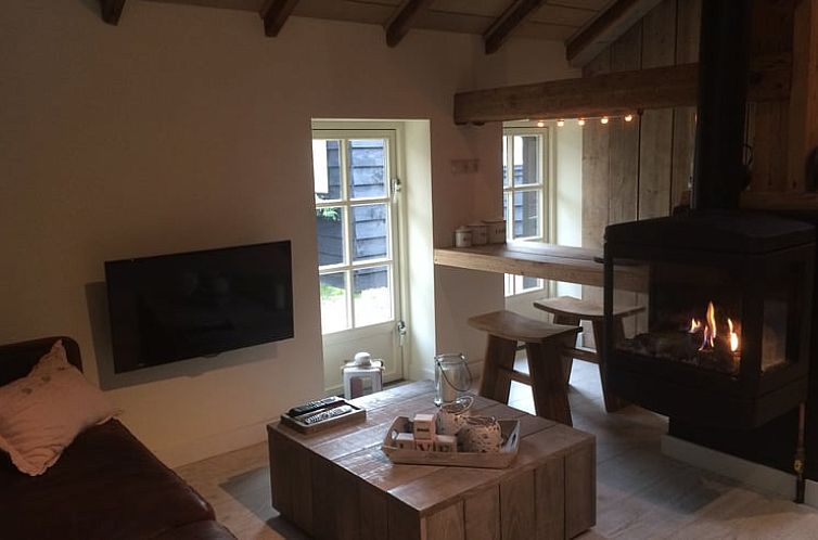 Gezellige woonkamer met open haard in Huisje in Oisterwijk, vakantiehuis in Hart van Brabant, Noord Brabant.
