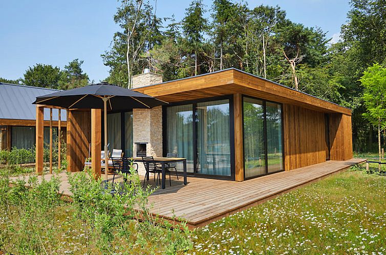 Ruim terras van Vakantiehuis in Oosterhout, Noord Brabant, met moderne houten afwerking en natuurzicht.