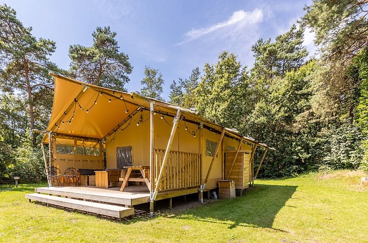 Safaritent 6 in Oosterhout, West Brabant, biedt een luxe glamping ervaring met een ruime veranda te midden van de prachtige natuur van Noord Brabant.