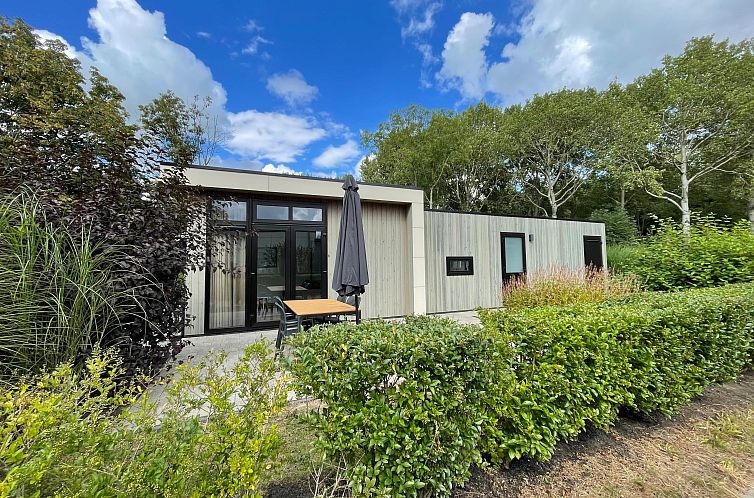 Chalet in EuroParcs Buitenhuizen, Velsen-Zuid, North Holland surrounded by green nature and an inviting terrace on the North Sea coast.