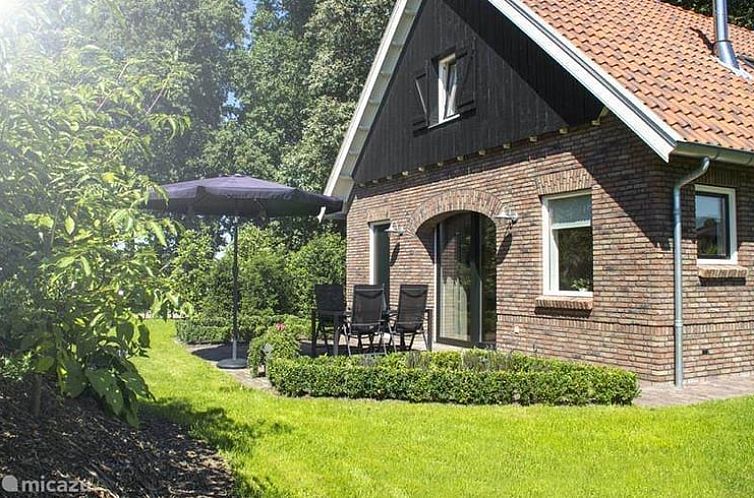 Geniet van de zonnige veranda bij Vakantiehuis in Ootmarsum, Twente, met uitzicht op de groene tuin.