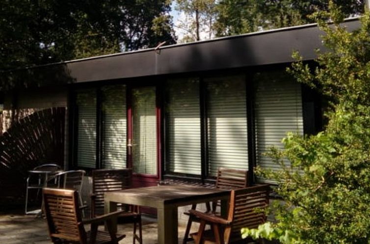Veranda of Cottage in Reutum, vacation home in Twente, Overijssel with wooden garden furniture and green surroundings.