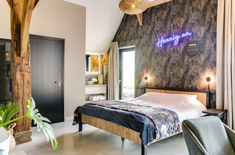 Slaapkamer van Huisje in Rossum, vakantiehuis in Twente, Overijssel, met modern interieur en comfortabel bed.