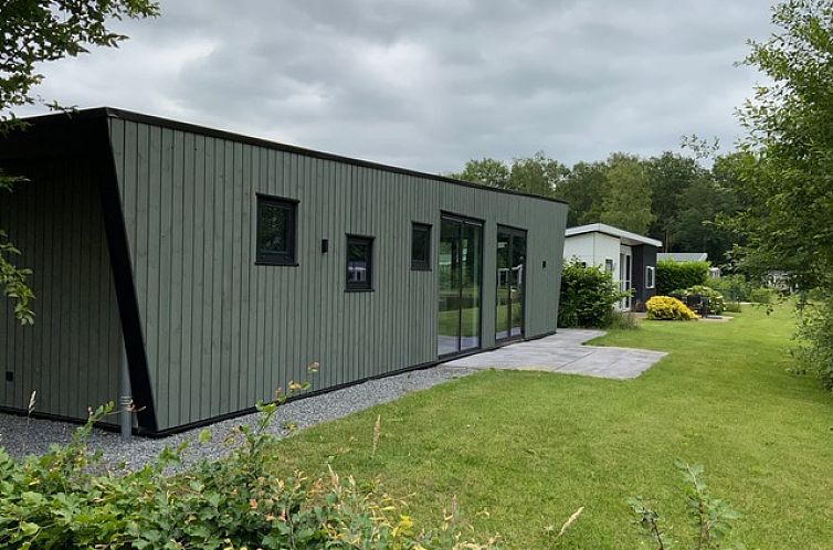 Modernes Chalet in IJhorst, Nordwest Overijssel, umgeben von gruener Natur und ruhiger Landschaft.