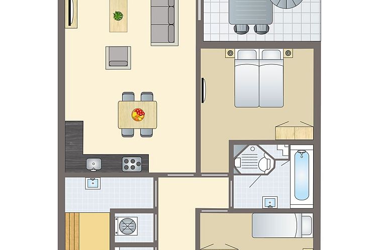 Terras bij Amerongse Berg 4-persoons woning 4EL1 in Overberg, Utrechtse Heuvelrug met comfortabele ligstoelen en eethoek.