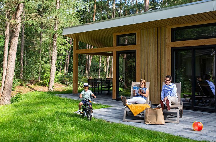 Geniet van de rust op het terras van Bungalow Molenstein in Doorn, Utrechtse Heuvelrug, omringd door de natuur.