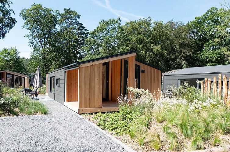 Panorama Cottage 4, een modern vakantiehuis in Maarn, Utrechtse Heuvelrug, omgeven door groene natuur en een zonnig terras.