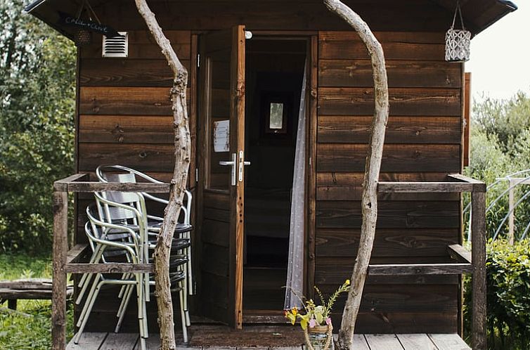 Huisje in Bunschoten-Spakenburg met rustieke veranda, vakantiehuis in Utrecht omgeven door natuur.