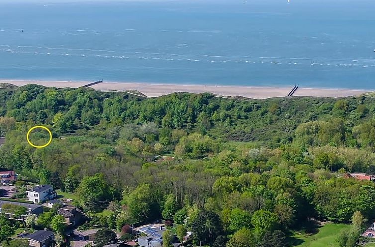Aerial view of Holiday home in Dishoek overlooking the coast of Walcheren, Zeeland.