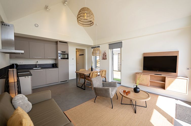Modern living room in Villa Comfort 4 Wellness, Breskens, Zeeland. Cozy vacation home with open kitchen and sitting area.