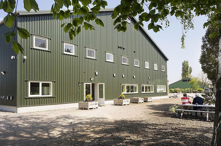 VZ893 Group accommodation in Hulst, Kloosterzande, Zeeland with green exterior and picnic tables for relaxation.